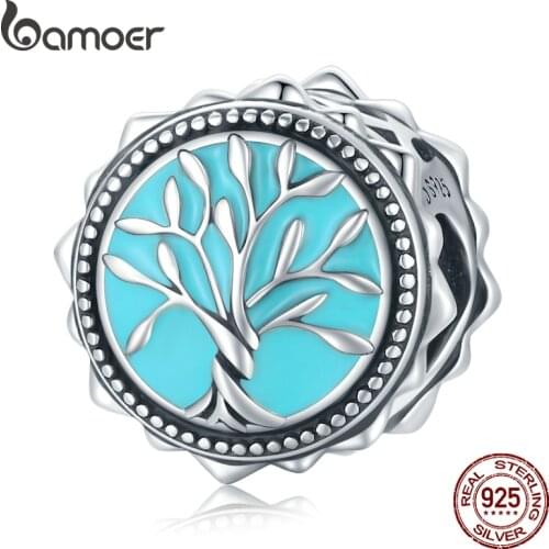 Bamoer 925 Sterling Silver Blue Life Tree Charm Family Hollow Bead for Original Bracelet Bangle Women DIY Fine Jewelry BSC503