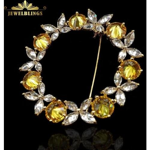 Gleaming Marquise Shape CZ Leaves Yellow Round Stones Garland Brooches Gold Tone Floral Circlet Wreath Pins Women Cape Jewelry