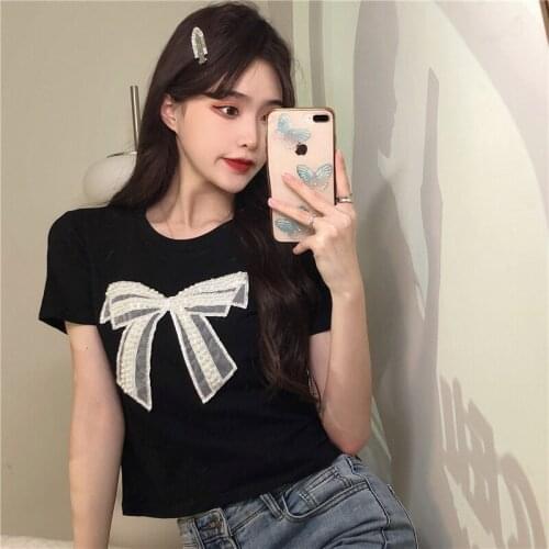 University Style Heavy Industry Bow Blouse Summer New Design Sense Niche All-match Short-sleeved T-shirt Women