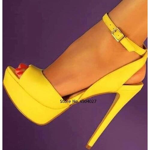 Yellow Stiletto Heel Sandals Platform Open Toe Buckle Strap Party Shoes Concise Sexy Wedding Pumps