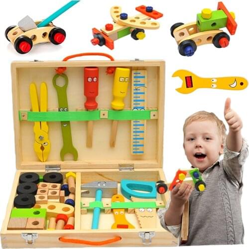 Childrens Montessori Wooden Toolbox Pretends To Be Nut Fixing Screws To Assemble Simulation Carpenter Tools Indoor Toys