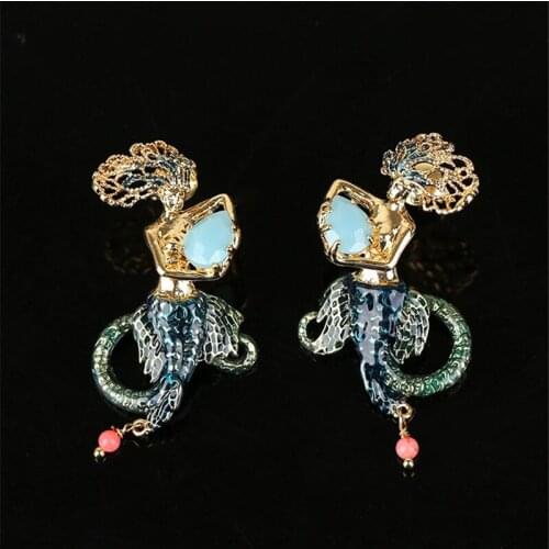 European and American Creative Niche Mermaid Earrings Enamel Color Glaze Mackerel Blue Water Drop Stud Earrings Earrings Jewelry