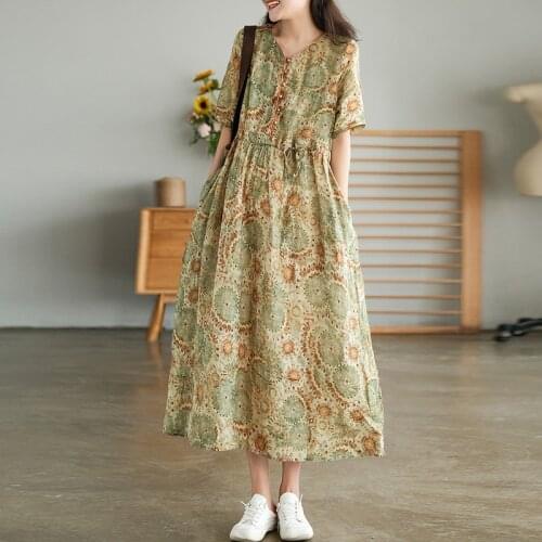 Johnature Women Vintage Shirt Dresses Print Floral Ramie High Quality V-Neck Short Sleeve Robes Belt 2021 Summer New Loose Dress