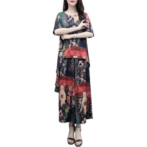 Vetement femme Women Suit Retro Floral Short Sleeve Round Neck Loose Fit T-shirt Blouse Wide Leg Pants Outfit Set Женский костюм