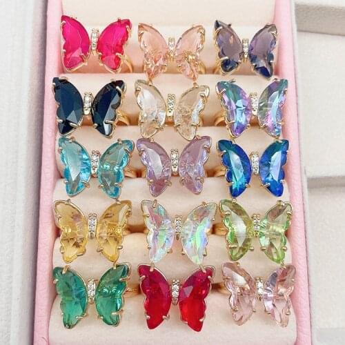 Kpop 16 Colors Crystal Butterfly Ring Fashion Popular Womens Party Jewelry Charm Adjustable Ring Best Friend Gift Wedding Gift