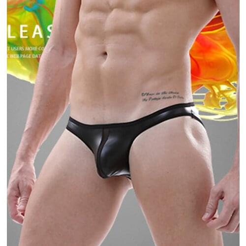 Mens underwear transparent low waist faux leather stitching mesh mens gay panties sexy wild briefs bikini mens nylon underwear