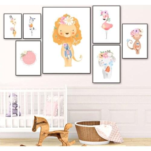 Lion Flamingo Deer Zebra Elephant Monkey Flower Wall Art Canvas Painting Nordic Posters And Prints Wall Pictures Kids Room Decor