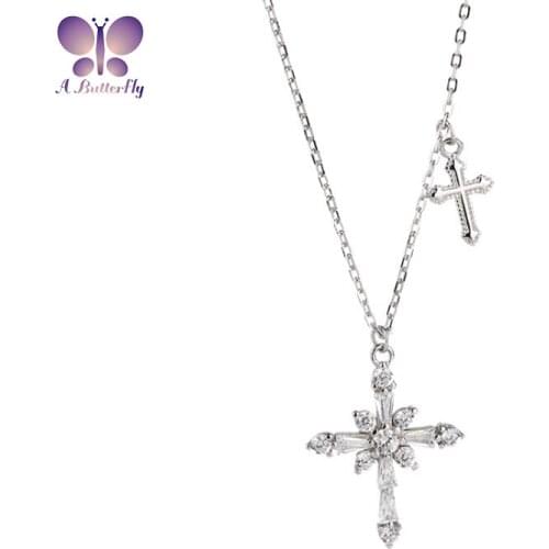 925 Sterling Silver Cross Necklace Artificial Diamond Fashion Religious Token Necklace