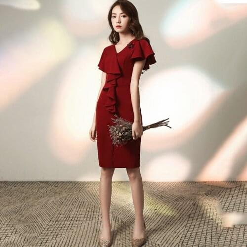 Special Occasion Dresses Vintage V-Neck Short Luxury Burgundy Appliques A-Line Knee-Length Satin Elegant Women Prom Gown E991