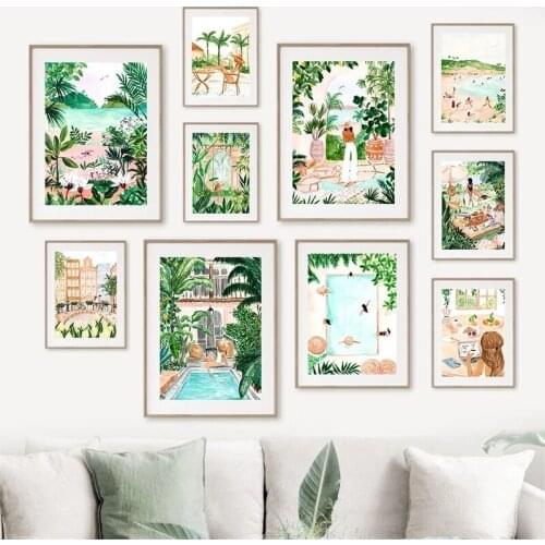 Beach Pool Tropical Jungle City Swing Meadow Wall Art Canvas Painting Posters and Prints Wall Picture for Living Room Decoration