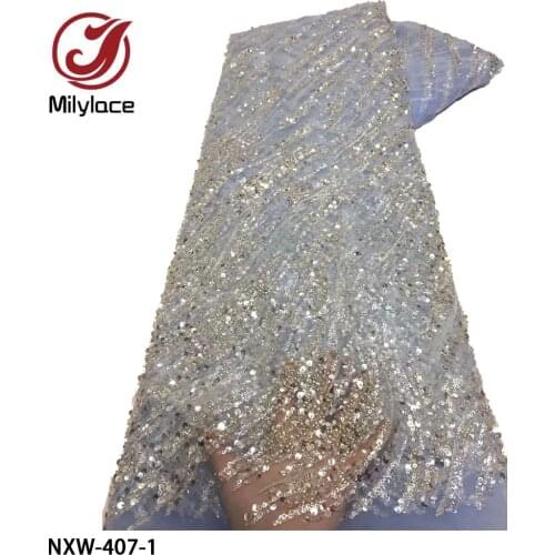 Luxury Heavy Bead Wedding Bridal Gown Lace Fabric High-End Tulle Shining Lace Fabric for Evening Dress 5 Yards/piece NXW-407