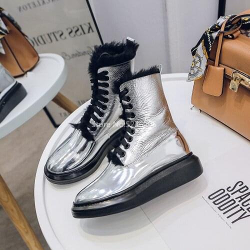 Silver Fashion Women Boots Lace Up Round Toe Fashion waterproof Patent Leather Women Shoes Platform Fur Ankle Boots