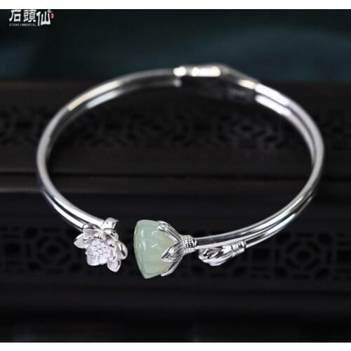 S925 silver retro fashion personality temperament antique style and tian jade contracted opening silver bracelet