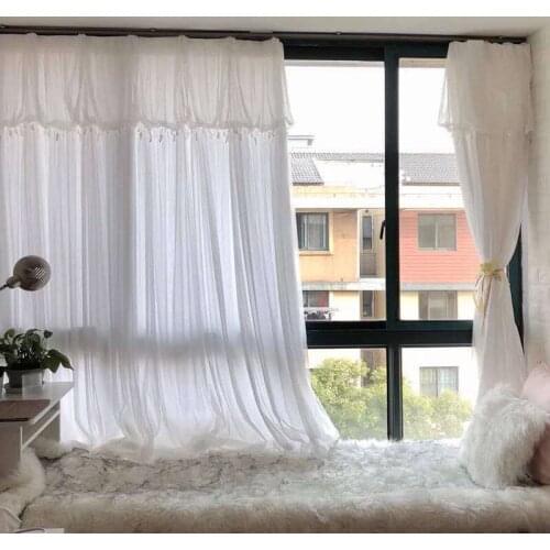 Nordic Style White Tulle Sheer Light Ployester chiffon Fabric Curtains with Lace Tulle for Home Living Room window Decoration