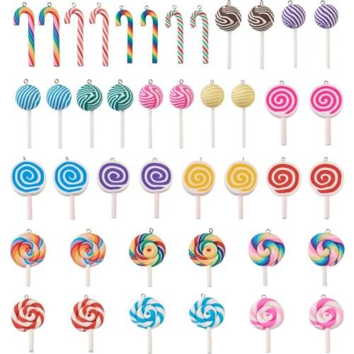 Cute Handmade Polymer Clay Pendants Lollipop Candy Cane Clay Charms for DIY Decoration Necklace Keychain Jewelry Making 42pc/box