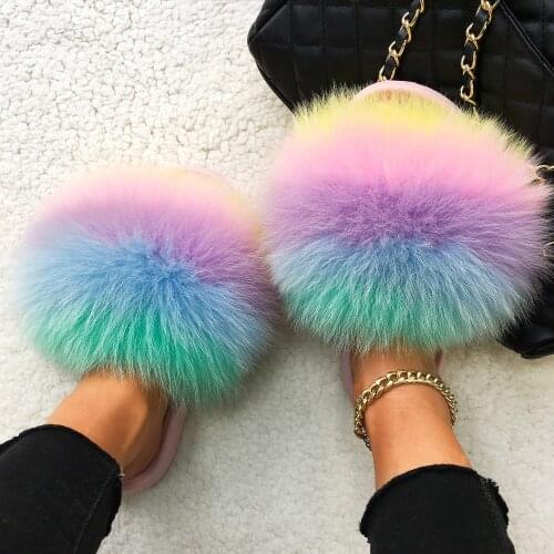 Furry Fur Slides Real Fox Fur Slippers Fluffy Flip Flops Flat Summer Sandals Cute Ladies Beach House Slippers Women Home Shoes