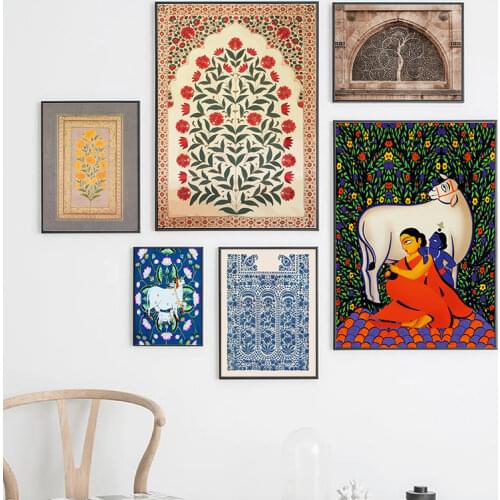 Vintage Indian Ornament Wall Decorative Painting Canvas Prints Abstract Navy Blue Ethnic Pattern Picture Boho Poster Art Decor