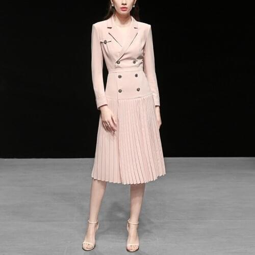 High quality British style retro slim pleated dress high waist was thin windbreaker womens spring double breasted dress F1131