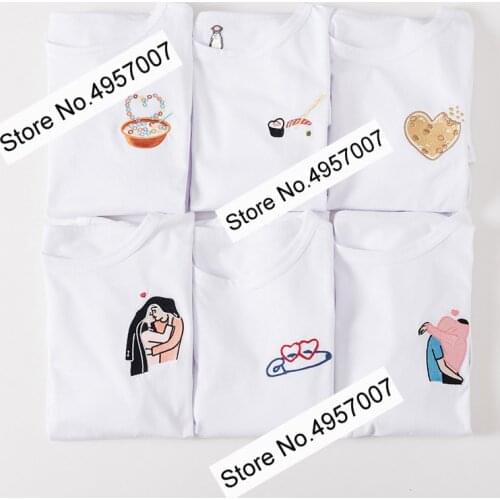 Ladies White Cotton Cute Embroidery Short Sleeve Tees Top - 2020 Summer Newest T Shirt