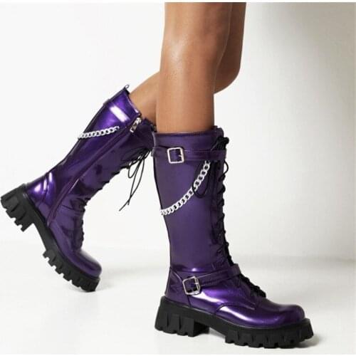 PXELENA Buckle Metal Chain Women Riding Knight Martin Mid Calf Boots Chunky Heels Lace Up Punk Rock Gothic Shoes Plus Size 35-41