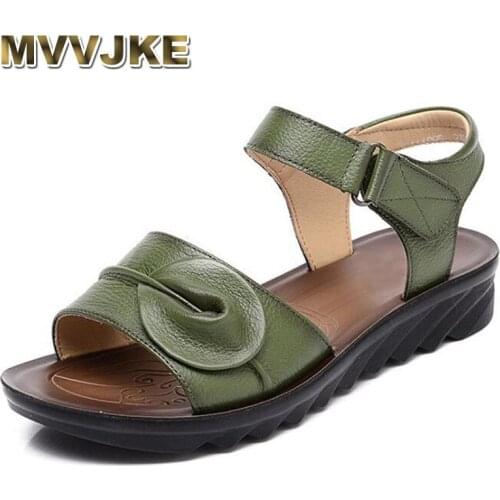 MVVJKE Summer Women Genuine Leather Sandals Vintage Ladies Flat Sandials Ankle Strap Fashion Casual Platforms Soft
