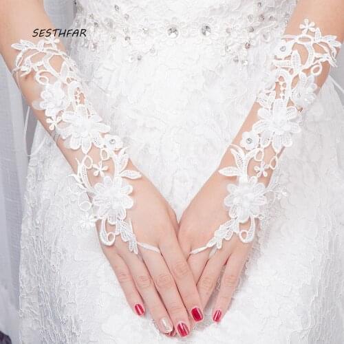 Crystals Fingerless Long Bridal Gloves Lace Flowers Bride Wedding Gloves Women Wedding Accessories ST024