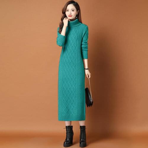 Female High Neck Long Sweater Women Thickened Autumn Winter 2021 New Loose Outer Wear Twist Base Dress Femme Knit Dress Elegant