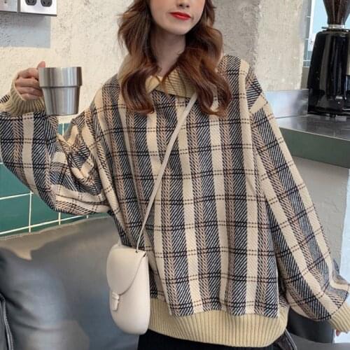 Plaid Sweatshirt Women Oversize V Neck Patchwork Pullovers Students Preppy Style Thickening Warm Sweatshirt Women Winter Tops