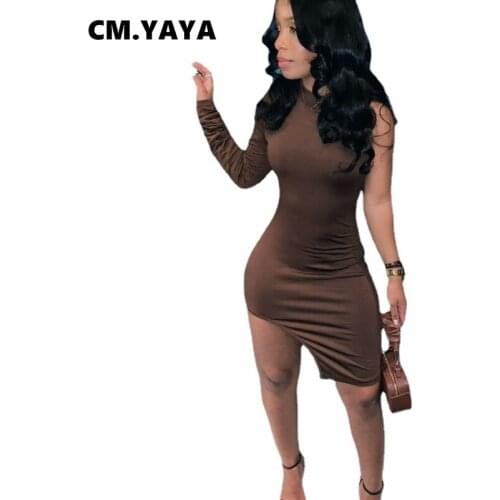 CM.YAYA Women Mini Dress Solid One Shoulder Asymmetrical Bodycon Dresses Sexy Night Clubweat Fashion Vestidos for Ladies Autumn