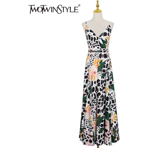 TWOTWINSTYLE Bohemian Print Hit Color Dress Female V Neck Sleeveless High Waist Summer Sexy Dresses For Women Fashion New 2021