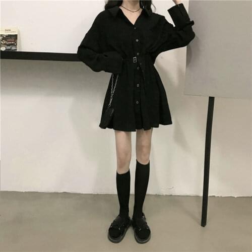 Dress Women Pure Turn-down Collar Button Long Sleeve Collect Waist Elegant Fashion Black Clothing Fall 2020 Hepburn Vestido Chic