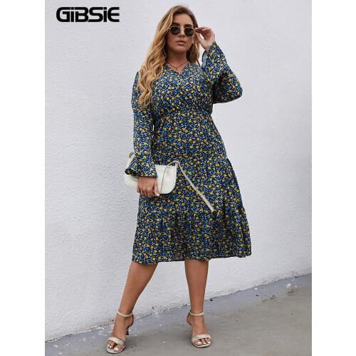GIBSIE Plus Size V Neck Print Ruffle Hem Dress Women 3xl 4xl 5xl Casual Long Sleeve Boho High Waist A-line Long Dresses
