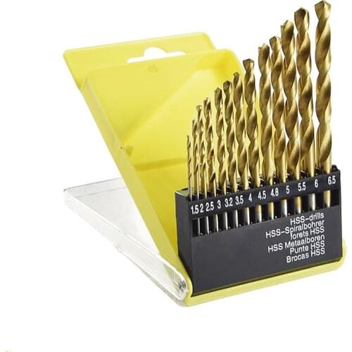 13pc 1.5-6.5mm Round Shank Twist Drill Bit Set Titanium Coated Hole Cutter High Speed Steel Gun Drill Bit Woodworking Metal Tool