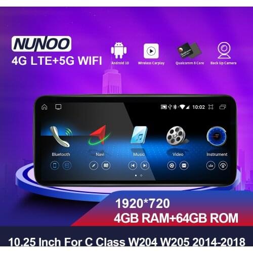 Nunoo 10.25 Inch GPS 4GB 64GB Car DVD Autoradio Player 8 Core For Mercedes Benz C Class W204 W205 S204 2008-2018 NTG5.0 4.5 4.0