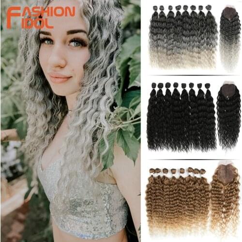 FASHION IDOL Water Wave Fake Hair Bundles With Closure 20inch Weave Synthetic Hair Extensions Ombre Silver Grey Curly Hair Fiber