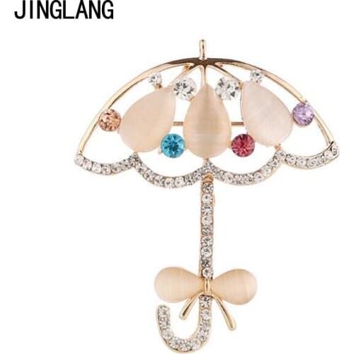 JINGLANG Classic Gold Color Opal Brooches Pins White Rhinestone Umbrella Brooches For Women Wedding Dress Decoration Jewelry