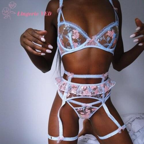 3-piece Embrodiery Bow Lace Bra Set Women Transparent Floral Bra Underwire + Panty Sexy Underwear Set Lingerie Set