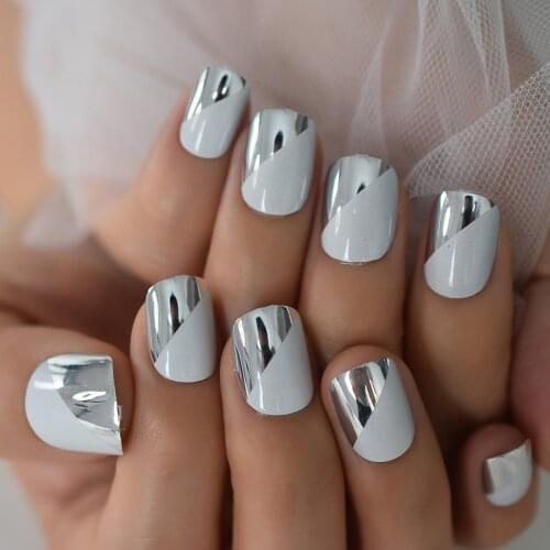 Round Short Fake Nails Cement Gray Mirror Effect False Nail Designer Punk Cool Press On Nails Ongles Reusable Wearable