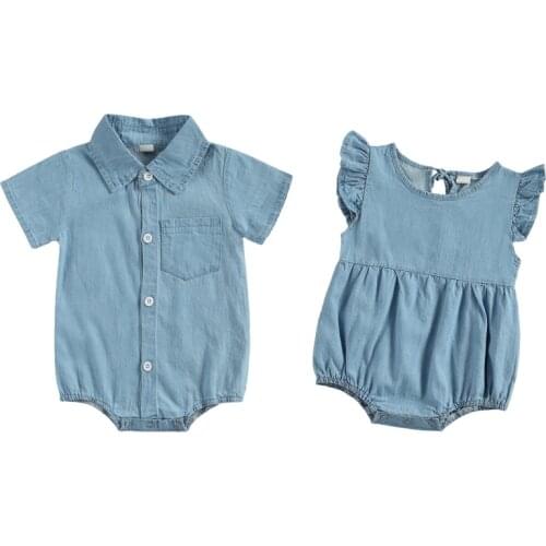 0-18M Summer Baby Girls Boys Bodysuits Blue Denim Short Sleeve Single Breasted Boys Girls Jumpsuits