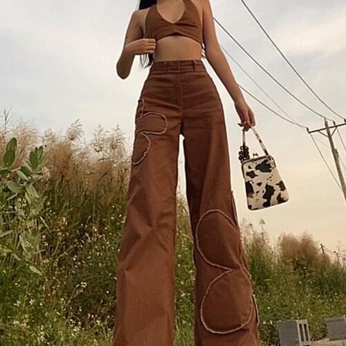 Fashion Y2K Aesthetic Baggy Jeans Women Brown Vintage 90s Wide Leg Pants Flower Patches High Waist Straight Denim Trousers 2021