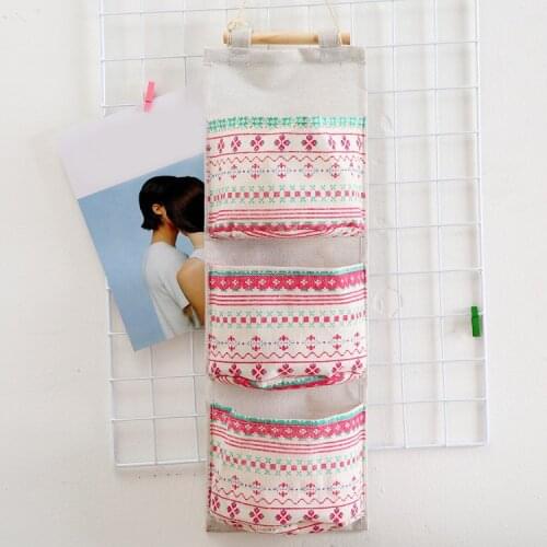 Wall Mounted Storage Bag with 3 Pockets Linen Fabric Waterproof Wall Door Closet Hanging Organizer for Bedroom Bathroom TS1