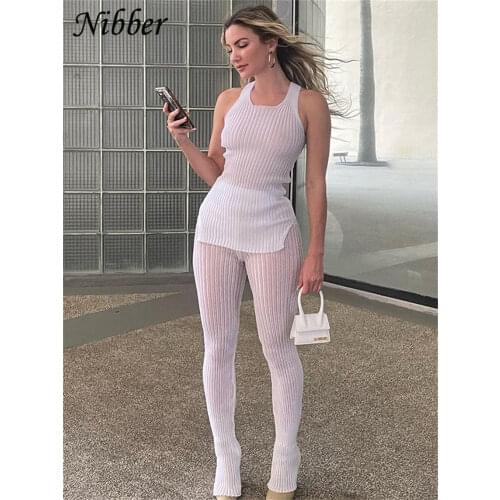 Nibber Sexy See Through Solid Knitted 2 Two Piece Set Women Casual Sleeveless Long Top And Skinny Pants 2021 Fashion Streetwear