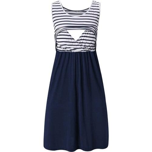 Maternity Nursing Nightwear Women Maternity Striped Stitching Solid Color Sleeveless Maternity Dress Camisa Dormir Maternal