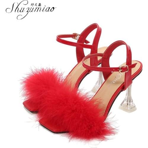 SHUZUMIAO 2021 New Women Pumps Sexy Faux Fur Crystal High Heels Fur Peep Toe High-heeled Sandals Ladys Party Shoes Big Size 45
