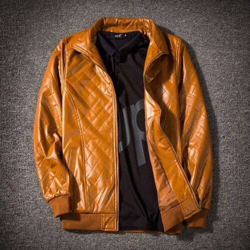 New Arrival Spring Autumn PU Leather Jacket Men Punk Rock Turn-down Collar Plaid Faux Leather Coat Motocicleta Manga Larga