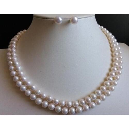 New Arriver Pearl Jewellery,Natural White Color Double Rows Freshwater Pearl Necklace Earrings,AA 7-8MM Real Pearl Jewelry Set