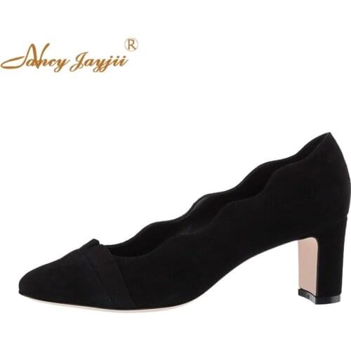 Solid Black Pumps with Golden Block Heel 5-7 cm Ruffles Women Dress Shoes Round Toe Mid High Chunky Heel Casual NANCYJAYJII 2019