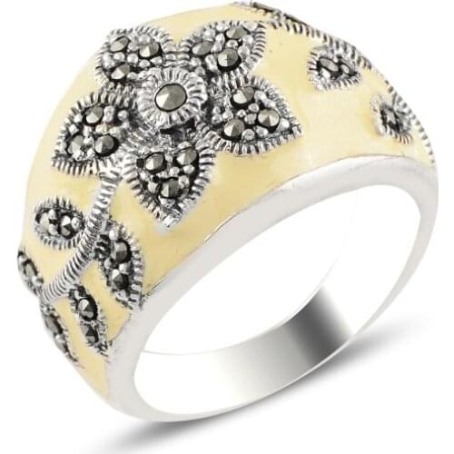 Silver 925 Sterling Flower Decorated Marcasite Stone & Enamel Ring