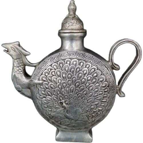 Chinese old Tibet Silver Carving Peacock Shaped Wine Pot