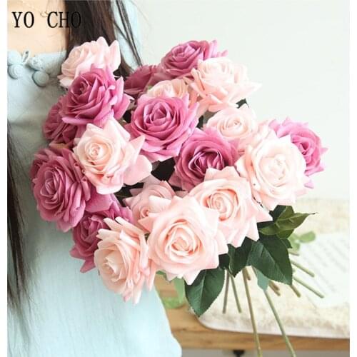 YO CHO Artificial Flowers Roses Peony Silk Flowers Real Touch Artificial Roses Pink Wedding Bouquet Home Party Decor Fake Flower